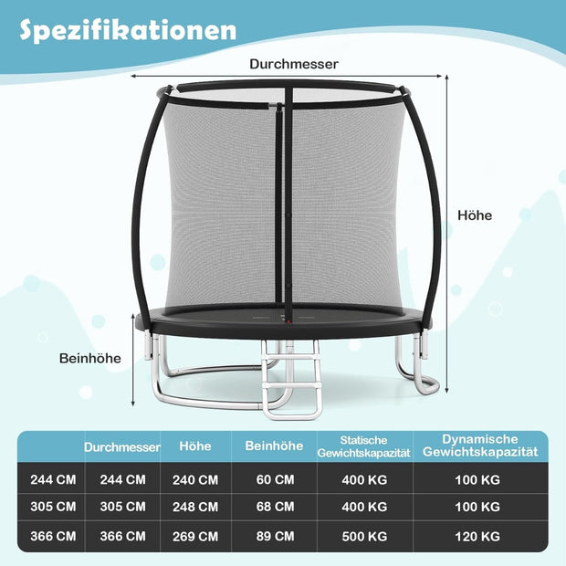 Utomhustrampolin – med stege, runt trädgårdstrampolin säkerhetsnät, kantöverdrag och metallram – Ø 305 cm – Svart
