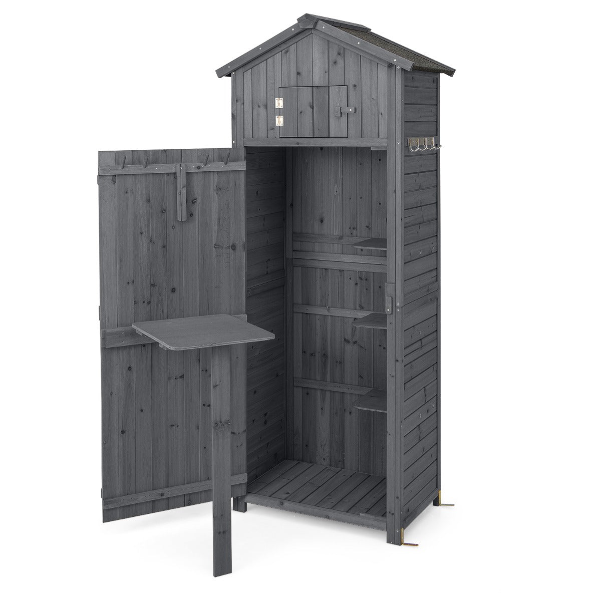 Trädgårdsskjul – högt redskapsskåp för utomhusbruk med låsbara dörrar och fällbart bord – 180,5 cm – Grå