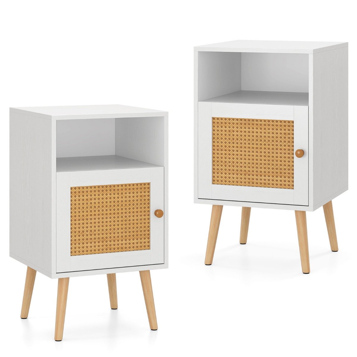 Rattan – Nattduksbord med förvaring Öppet hyllsystem och dörr Lantlig stil Sido stycken – 2 – Vit