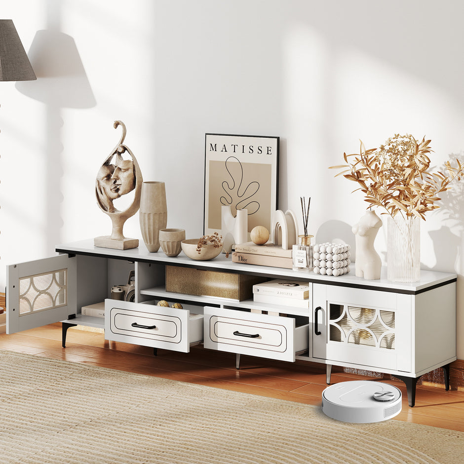 TV Skåp – Bambus Lowboard för upp till tum med lådor och dörrar hylla – 80 2 2 – Vit
