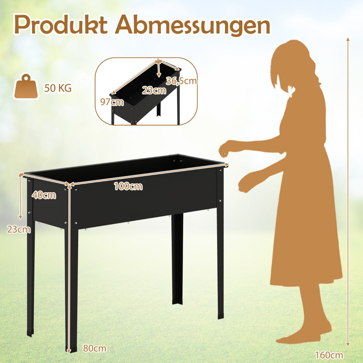 Höjdträdgårdsbädd – Metall upphöjd upp till växtbehållare – 50 kg 100 x 40 x 80 cm – Svart