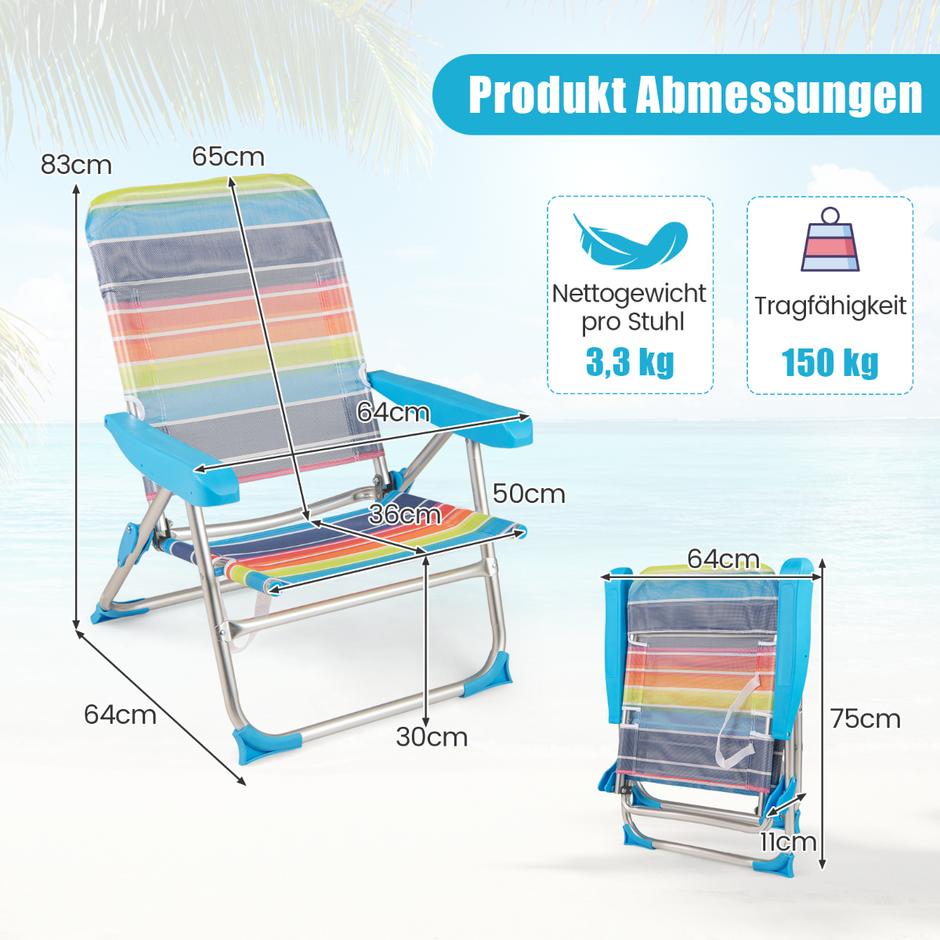 pack – strandstolar, hopfällbara picknickstolar med positioner justerbart ryggstöd armstöd, färgglada – 2 5 – Färgglad