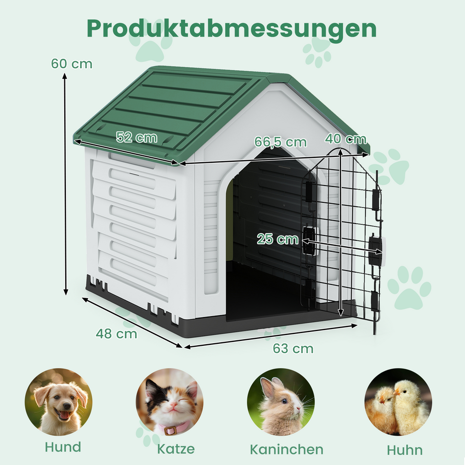 Plastikhundkoja – djurboende med låsbar metalldörr, ventilationsspringor och lutande tak – Grön
