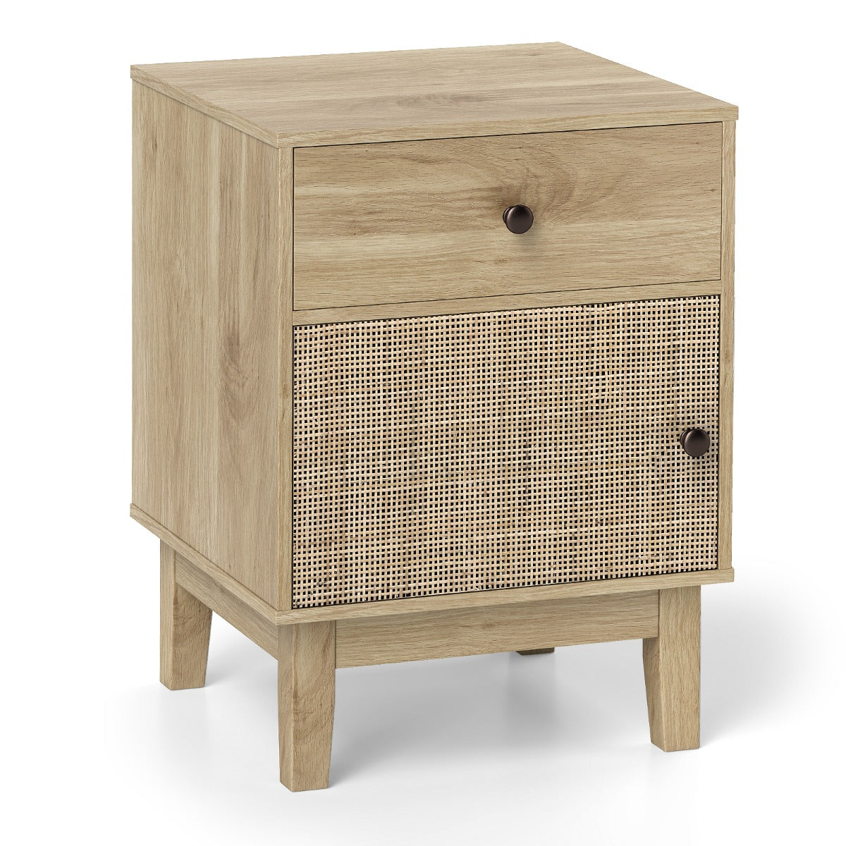 Rattan – nattduksbord med låda och skåp, i boho stil, sidobord i – . – Natur + vit