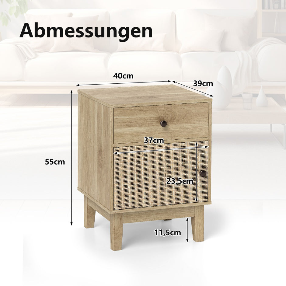 Rattan – nattduksbord med låda och skåp, i boho stil, sidobord i – . – Natur + vit