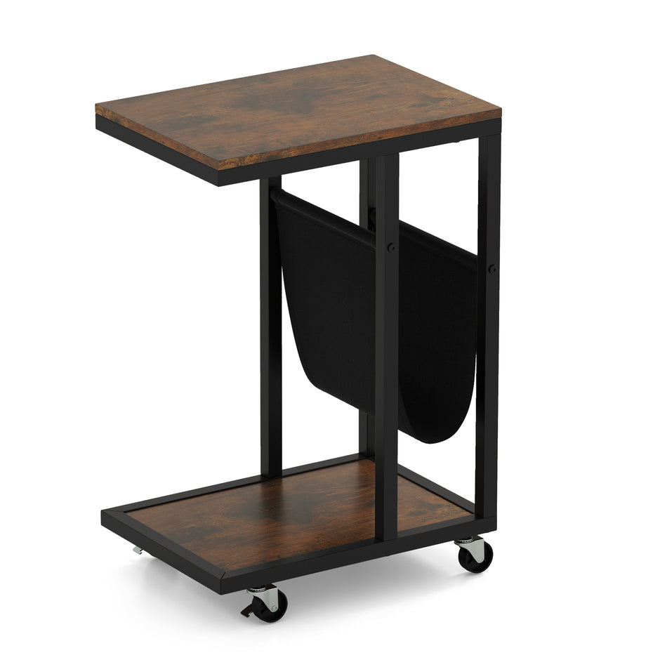 Sidobord – med hjul C form Soffbord Kaffeebord Vardagsrumsbord metallram – Brun