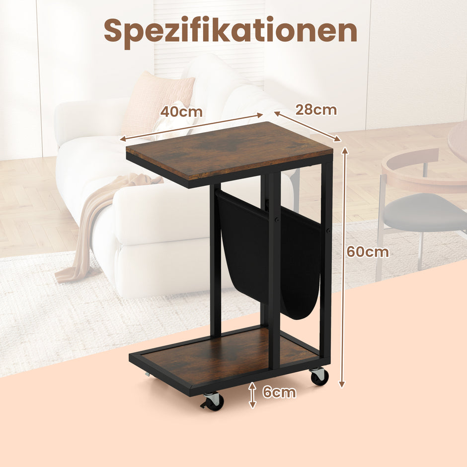 Sidobord – med hjul C form Soffbord Kaffeebord Vardagsrumsbord metallram – Brun