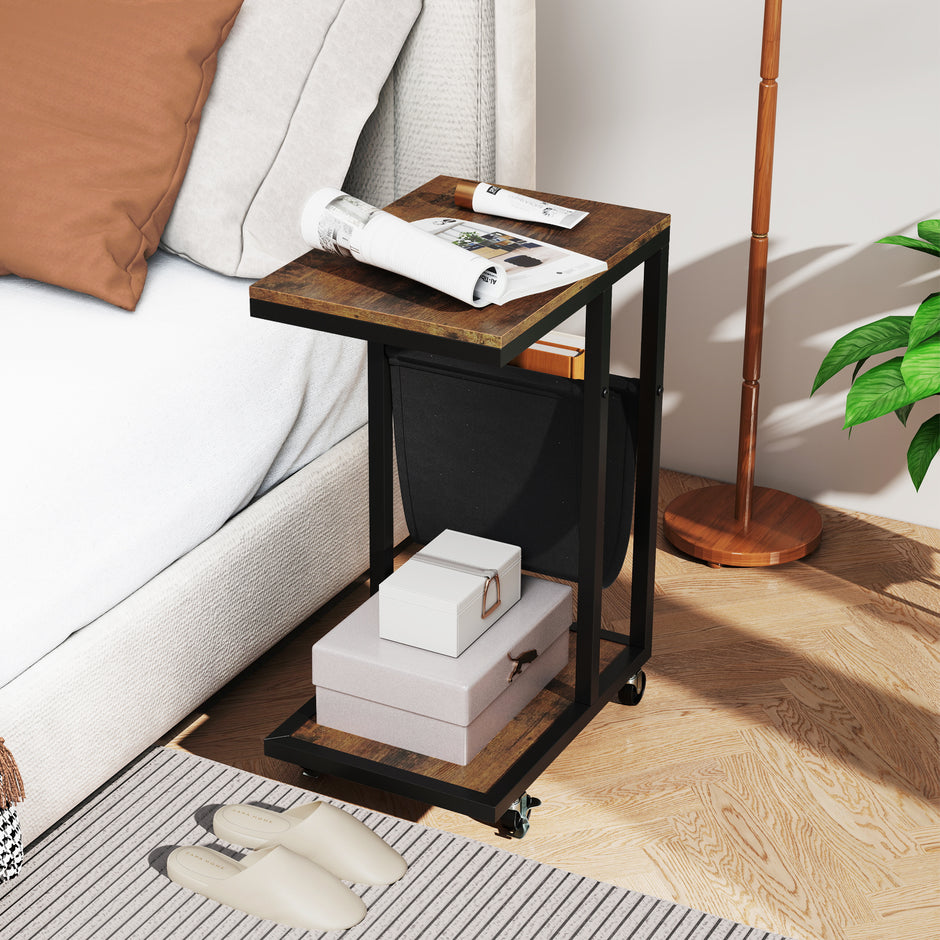 Sidobord – med hjul C form Soffbord Kaffeebord Vardagsrumsbord metallram – Brun