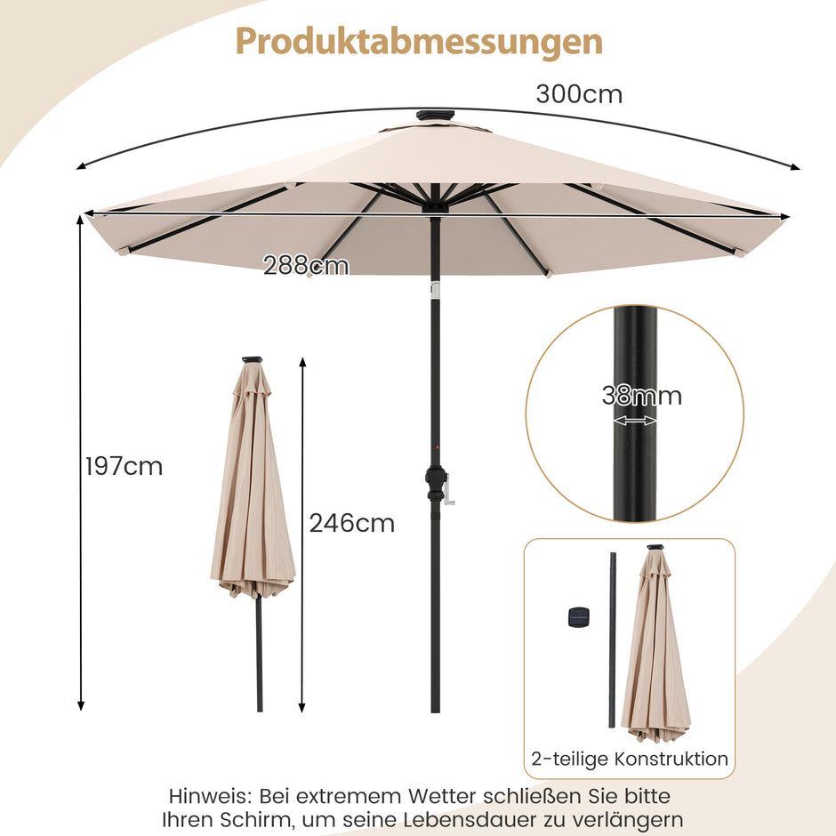 Solsäng – med LED solbelysning belysningslägen Trädgårdsparaply vev – 300 cm 9 – Beige