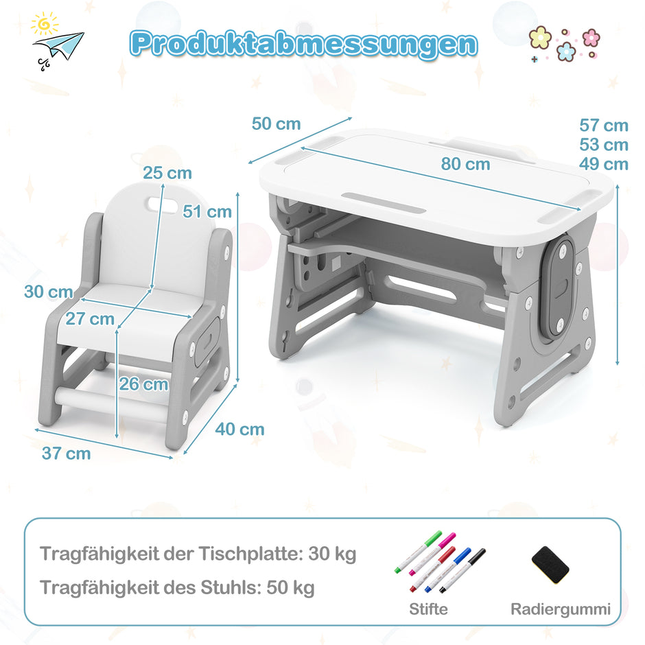 Barnbord – med stol Höj och sänkbart barnmöbelset lutbart whiteboard – Grå