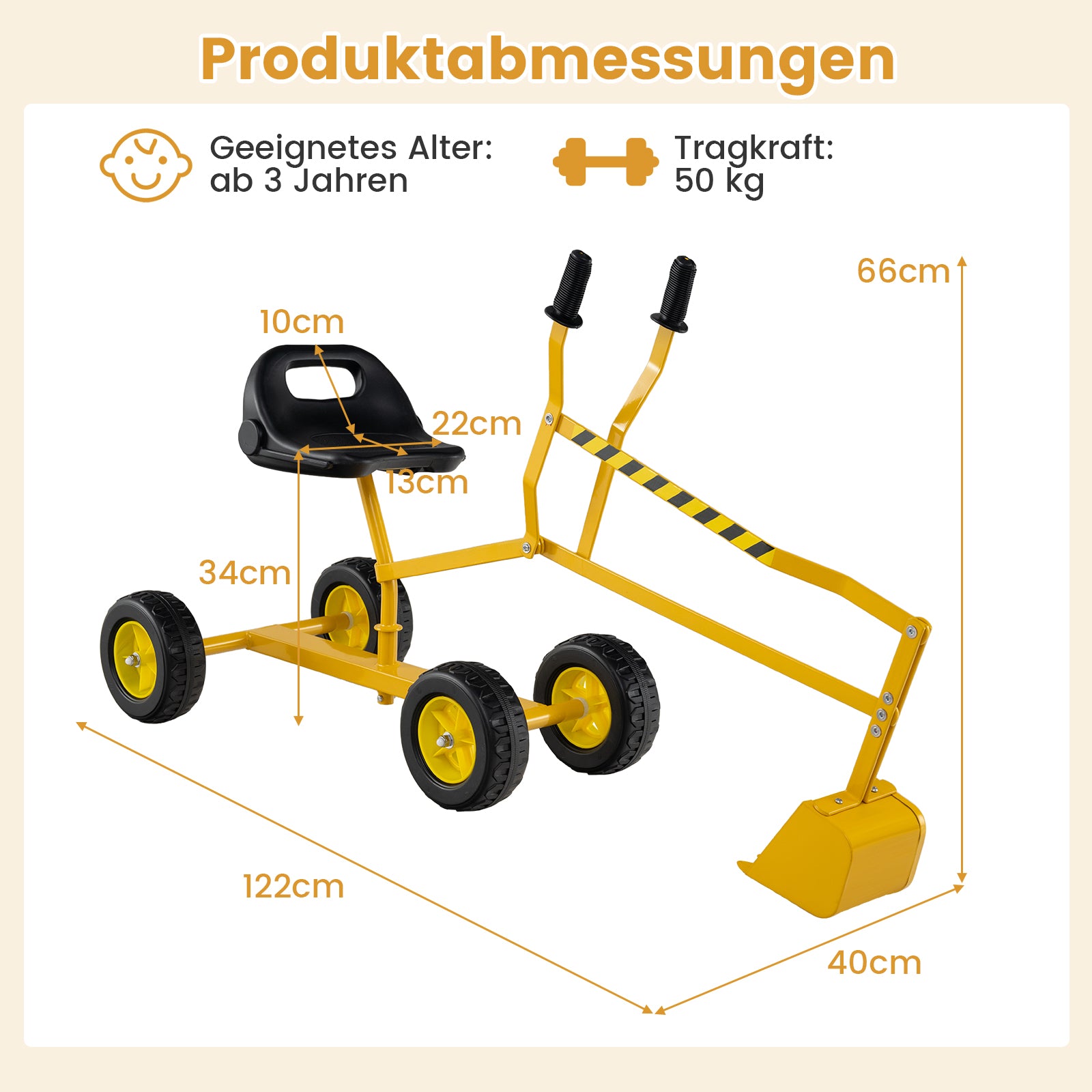 Sittgrävmaskin – 360° roter att sitta på Metall med skopa och hjul Sandlåda – Gul