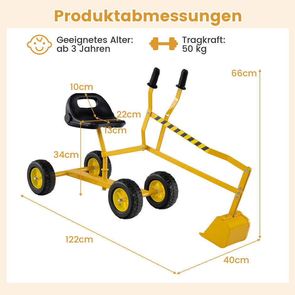Sittgrävmaskin – 360° roter att sitta på Metall med skopa och hjul Sandlåda – Gul