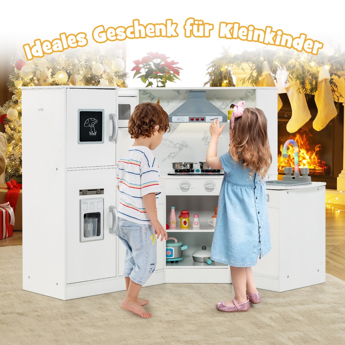 Trä – Hörn Barnkök med Ljus och Ljud Tavla Tillbehör Lek Kök – Vit