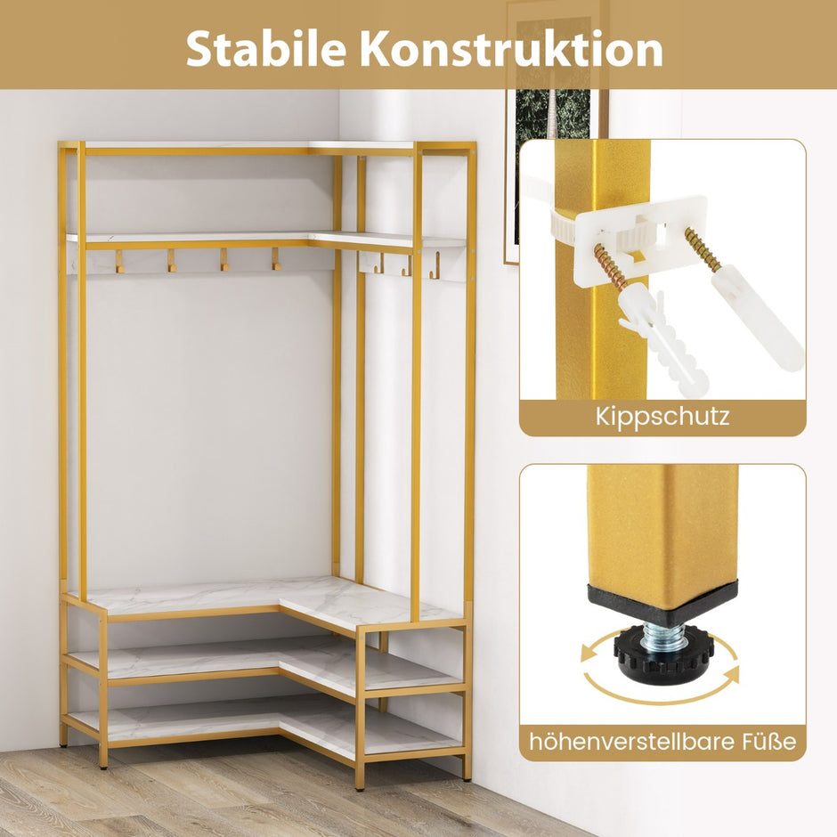 Hörnklädhängare – med bänk L formad öppna hyllor – 90 x 90 x 178 cm – Vit