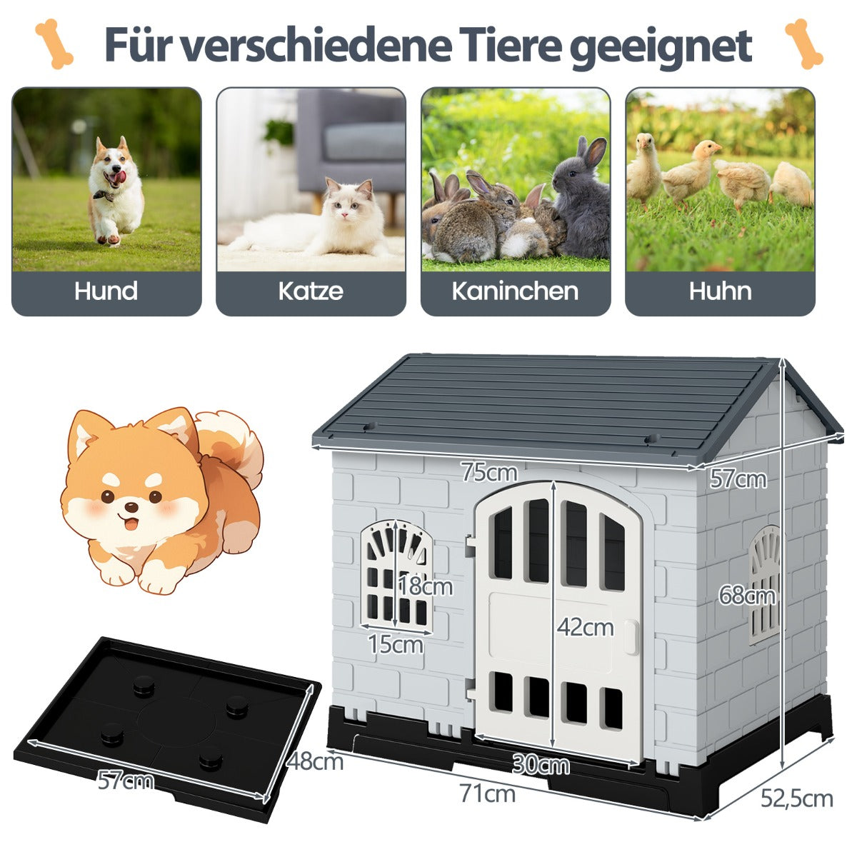 Utomhus – hundkoja med dörr, fönster, uttagbar botten och hundhus Hundbur – 3 – Grå