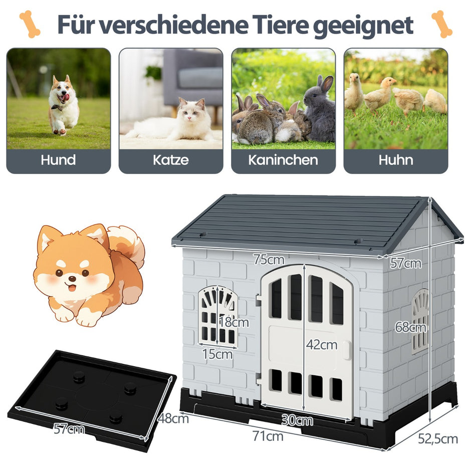 Utomhus – hundkoja med dörr, fönster, uttagbar botten och hundhus Hundbur – 3 – Grå