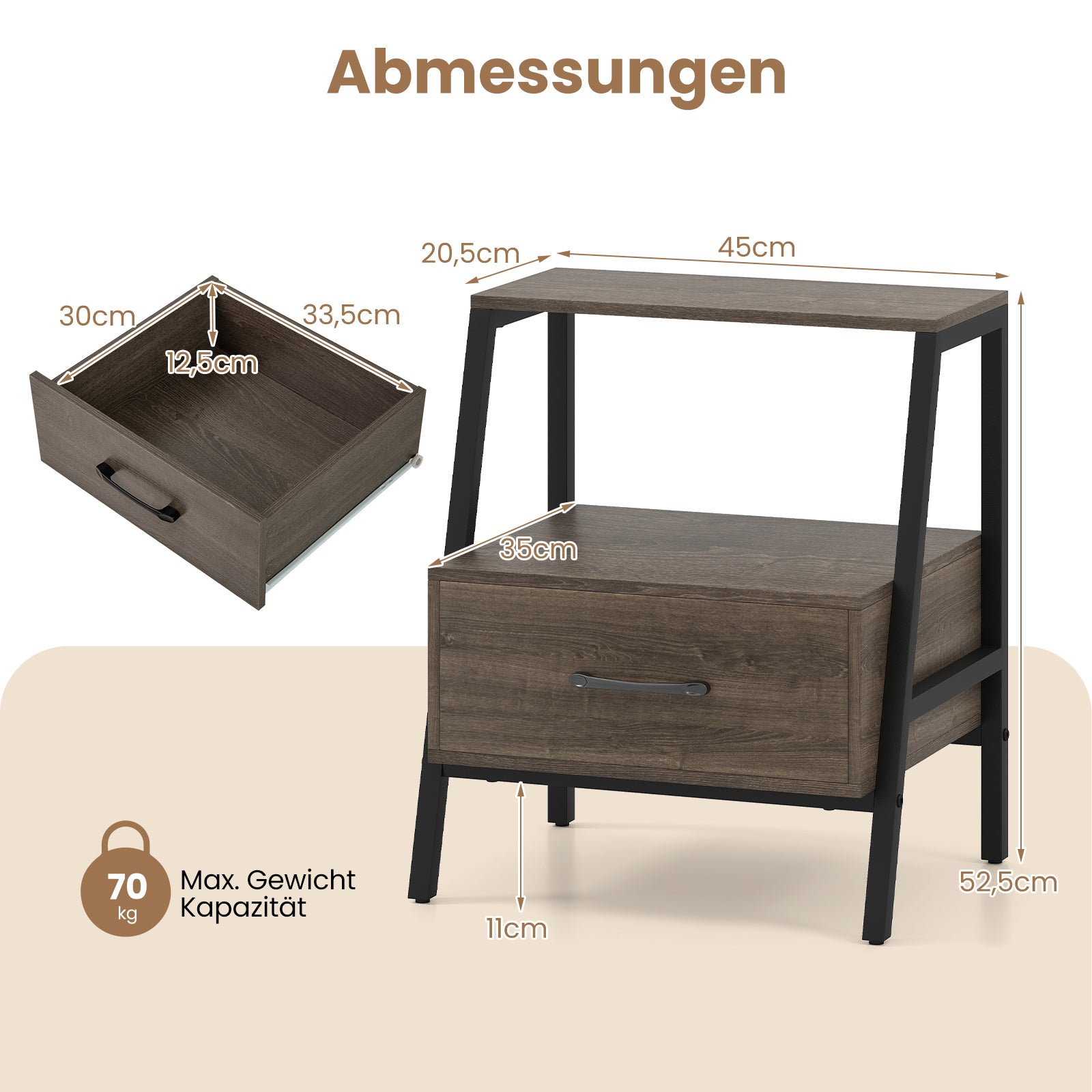 Nattduksbord – med låda Sido öppen hylla och metallram Soffbord Nattkommod för vardagsrum – 45 x 35 x 52,5 cm – Grå
