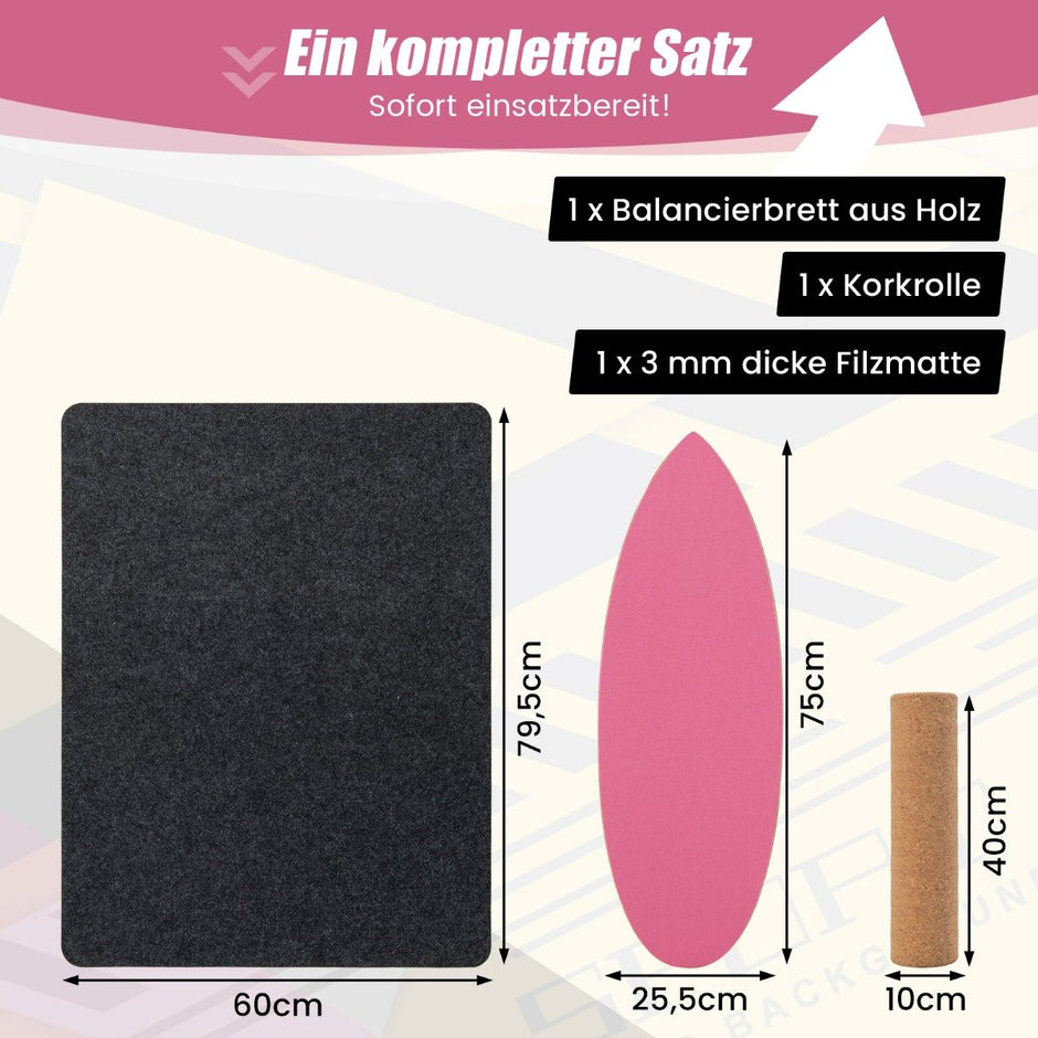 Balansbräda – i trä tränare Trickbräda för hemmet inkl. Korkrulle – Hot Pink