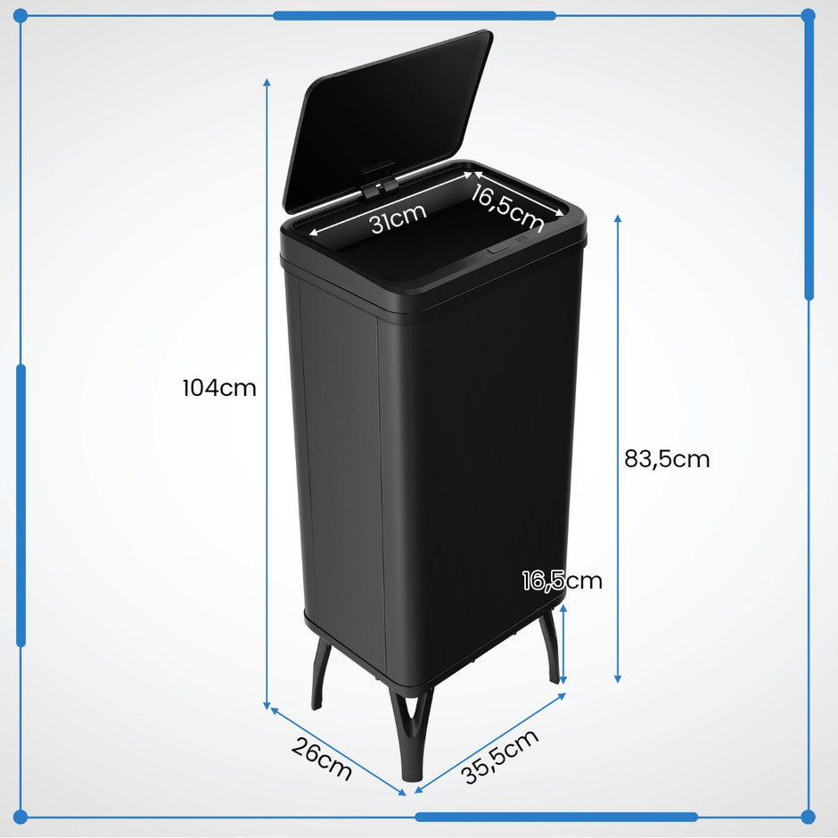 Rostfri – papperskorg Automatisk rörelsesensor med öppet lock – 50 L 33,5 x 26 x 83,5 cm – Svart