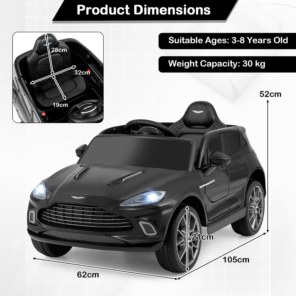 Elektrisk – barnbil Aston Martin licensierat elfordon med tuta musik och LED lampor – Svart