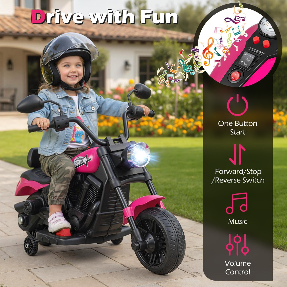6V – elektrisk barnmotorcykel Chopper med musik, strålkastare, fotpedal och stödhjul – 2 – Rosa
