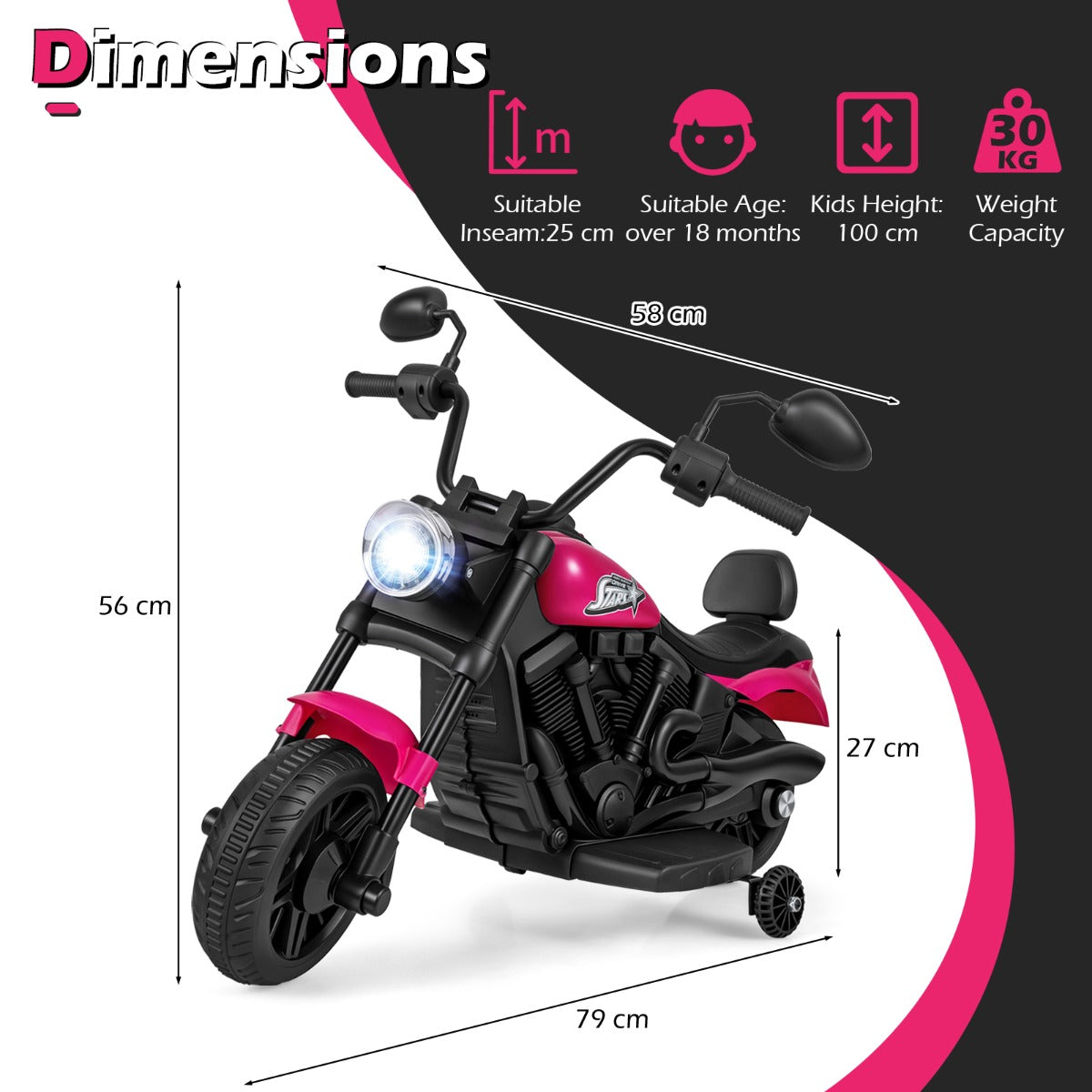 6V – elektrisk barnmotorcykel Chopper med musik, strålkastare, fotpedal och stödhjul – 2 – Rosa