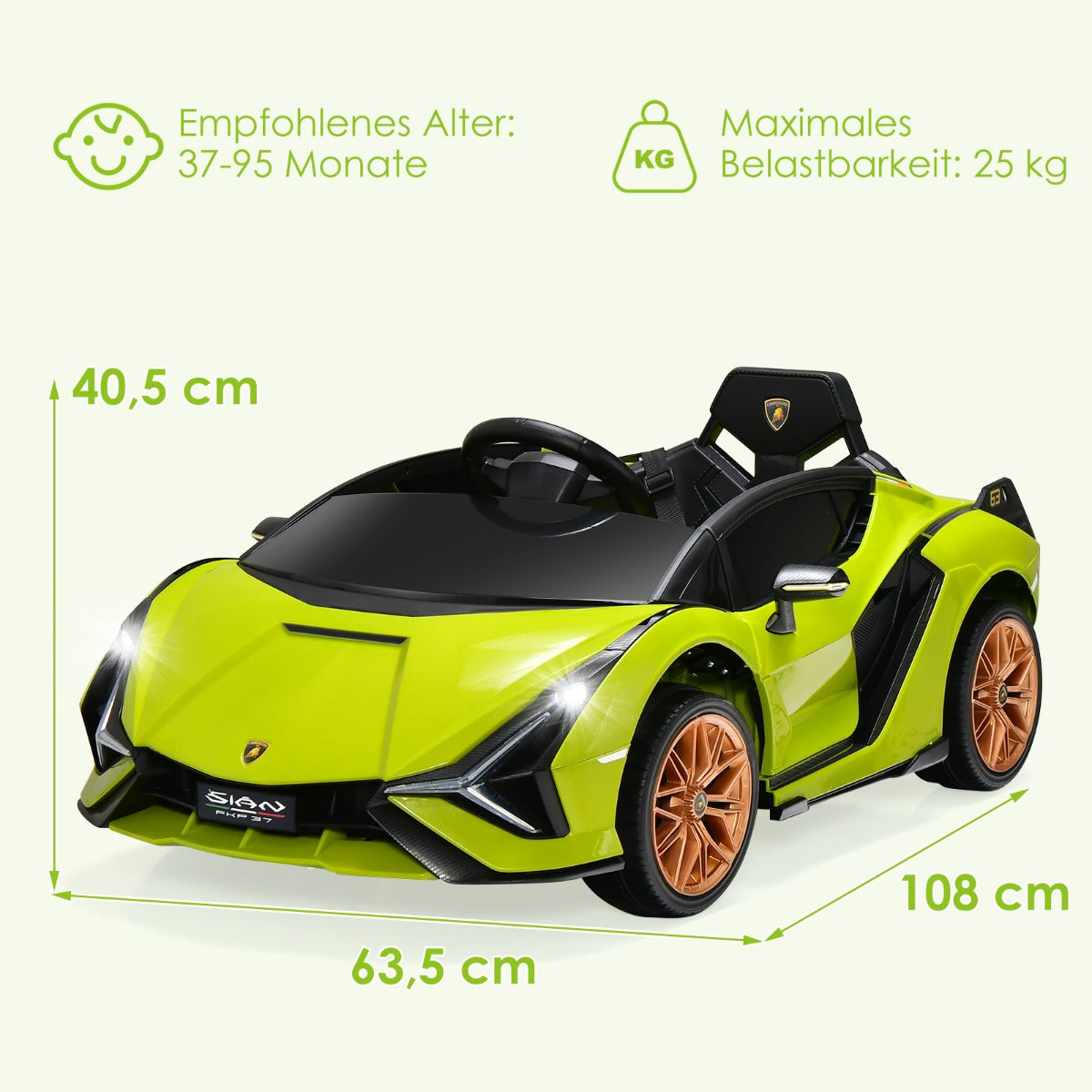 12V – Lamborghini barnbil med 2,4G fjärrkontroll 3-5km/h MP3 – Grön