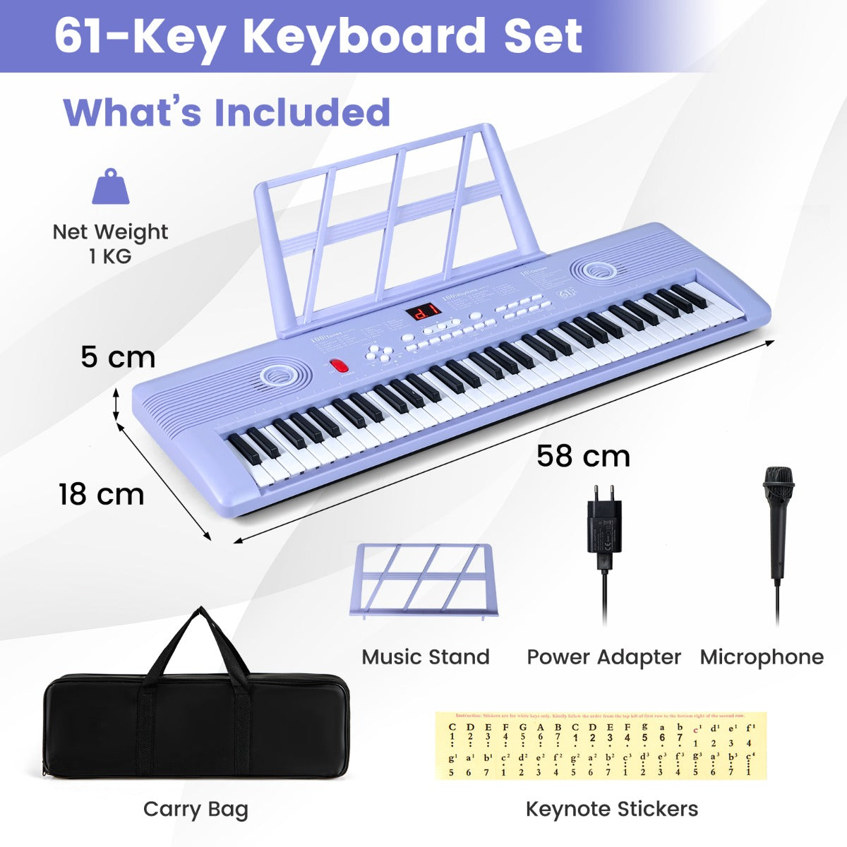 Tangenter – Pianoklavier med stativ och mikrofon bärväska, Digitalpiano E – 61 – Lila