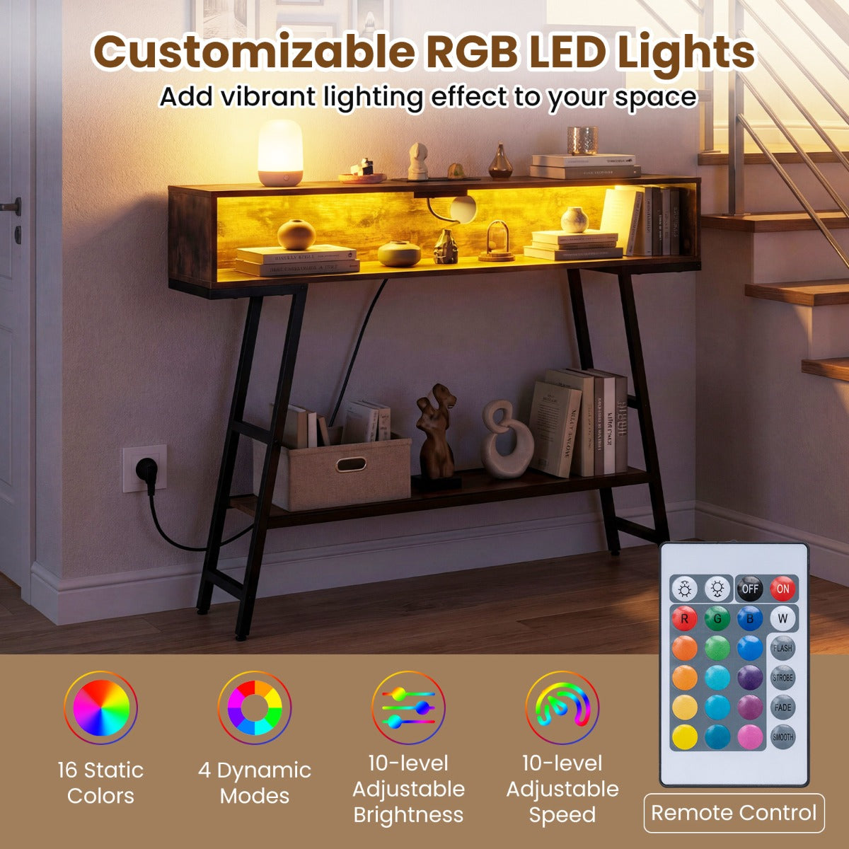 Konsolbord – med LED belysning och laddstation nivåers entrébord Smalt soffbord Rostbrun – 3 – Rustik brun