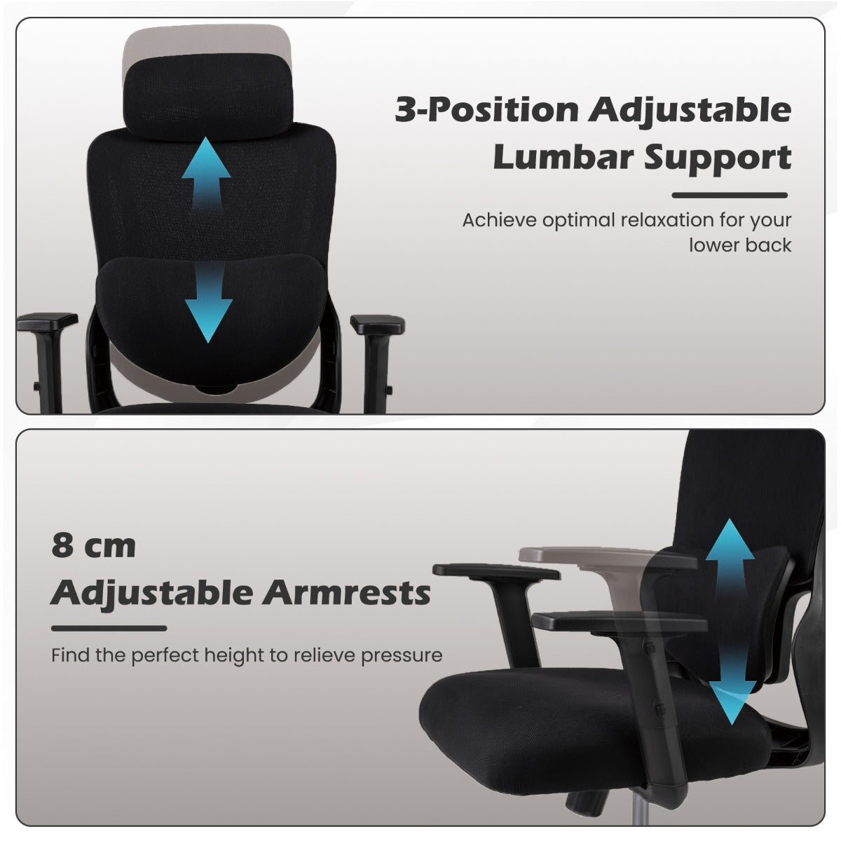 Ergonomisk – kontorsstol med justerbar huvudstöd och ländryggsstöd skrivbordsstol – Svart