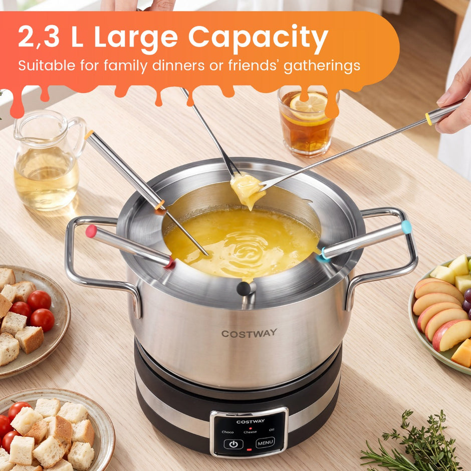 Elektriskt – fondue set 1200W med temperaturreglering och avtagbar rostfri stålgryta – Svart och silver