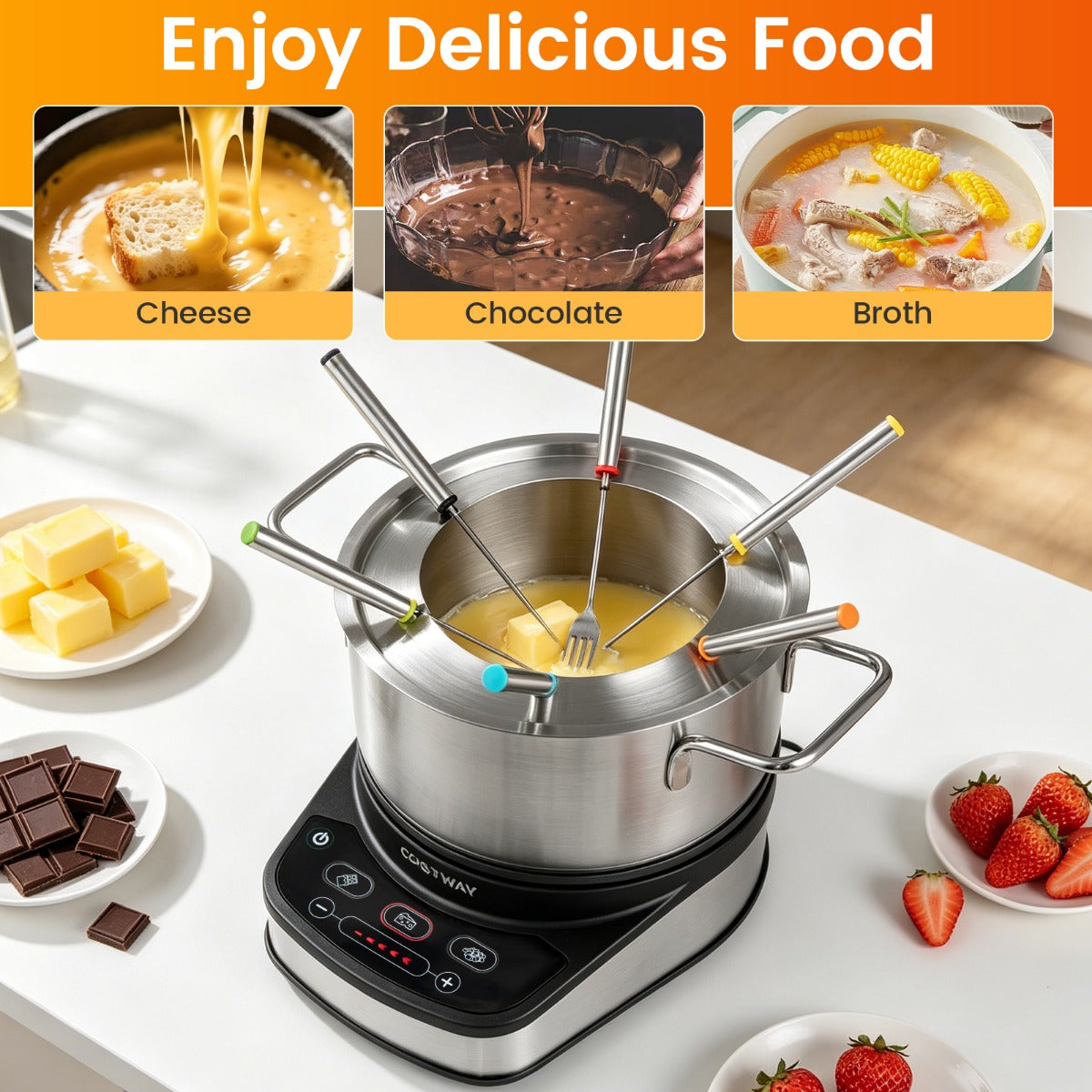 Elektriskt – fondue set 1200W med uttagbar 3L gryta i rostfritt stål – Svart och silver