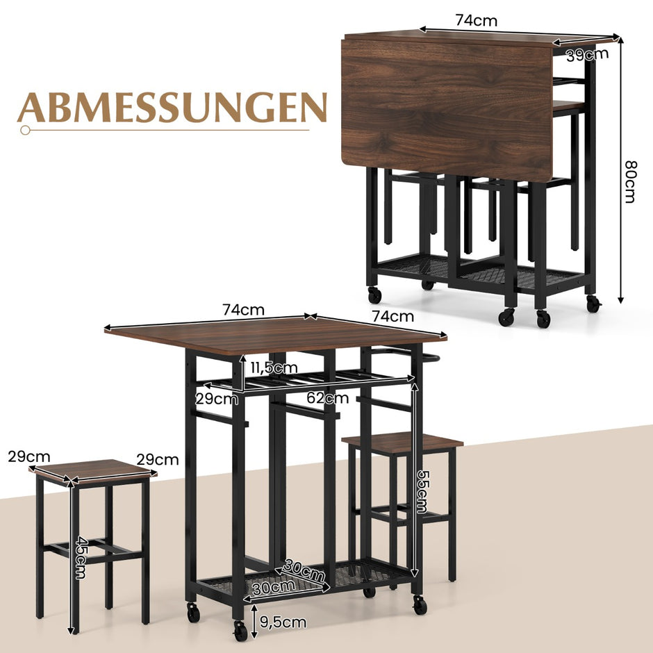 delat – matbordsset Utdragbart köksbord på hjul med stolar och vinställ hyllor – 3 2 – Brun