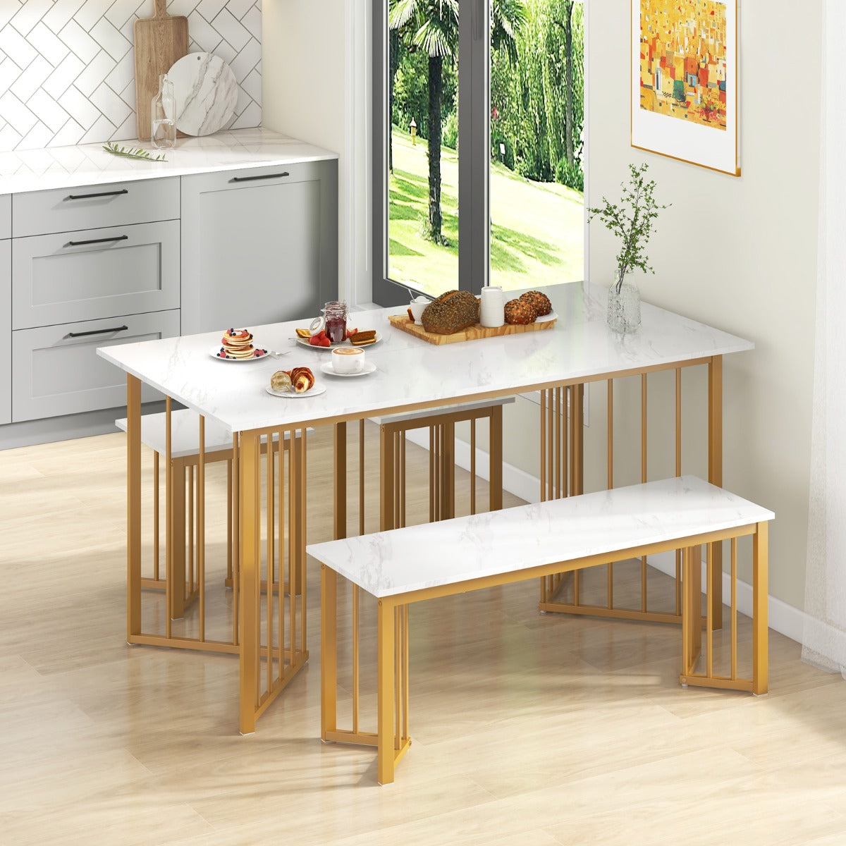 delat – matsalsset med stolar och bord bänk Modernt i marmor + gyllene – 4 2 – Vit