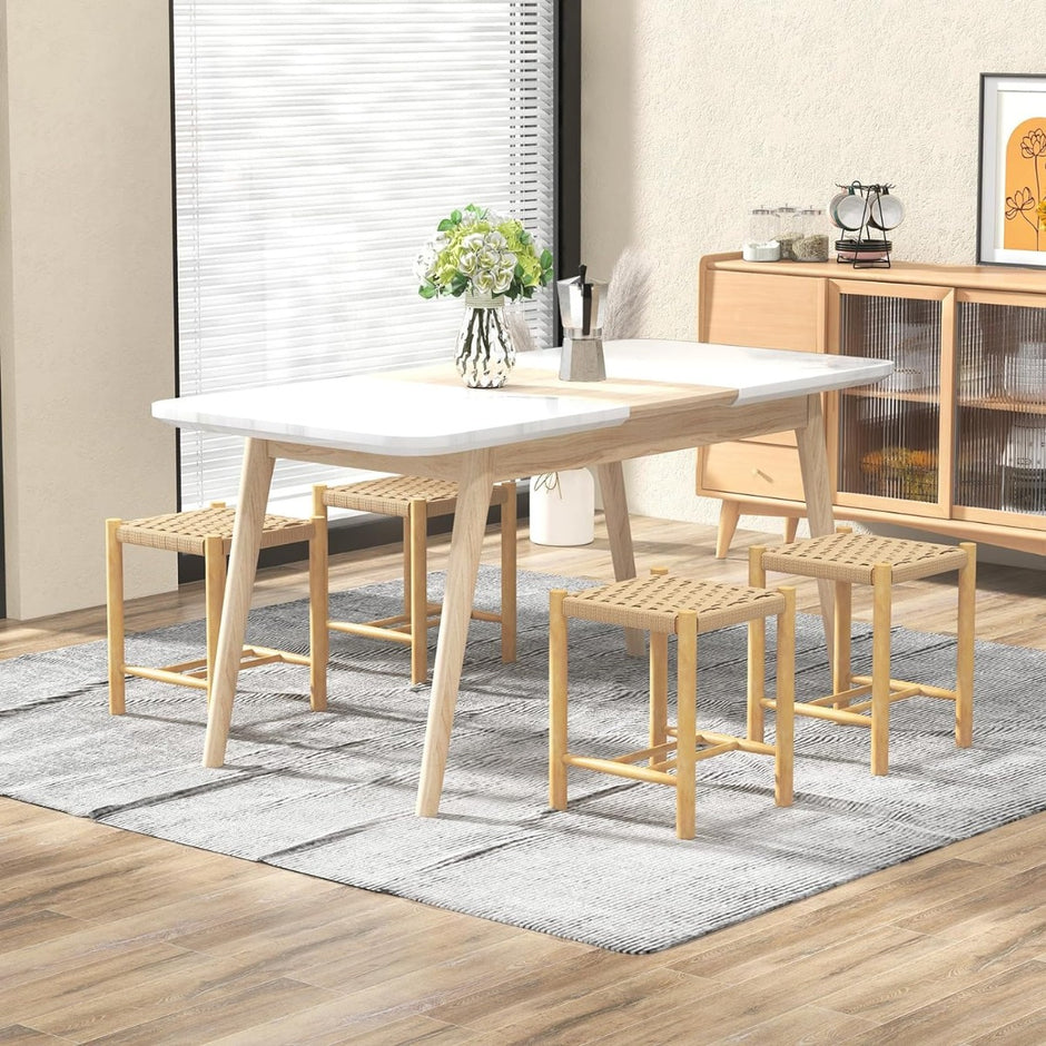 Matsalspallsset – ram av gummiträ och sits vävt papper – 36 x 36 x 45 cm – Natur