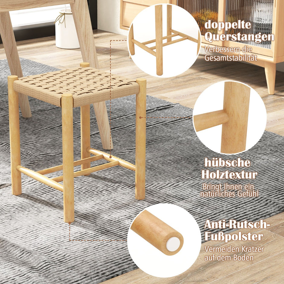 Matsalspallsset – ram av gummiträ och sits vävt papper – 36 x 36 x 45 cm – Natur
