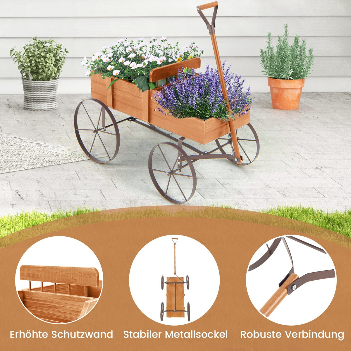 Blomsterställ – trävagn växtvagn blomstervagn med hjul av metall – 62 x 34 x 60 cm – Orange