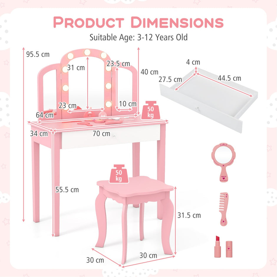 i – Barn Sminkbord Set med Avtagbar Spegel och Ljusfärg – 2 1 3 – Rosa
