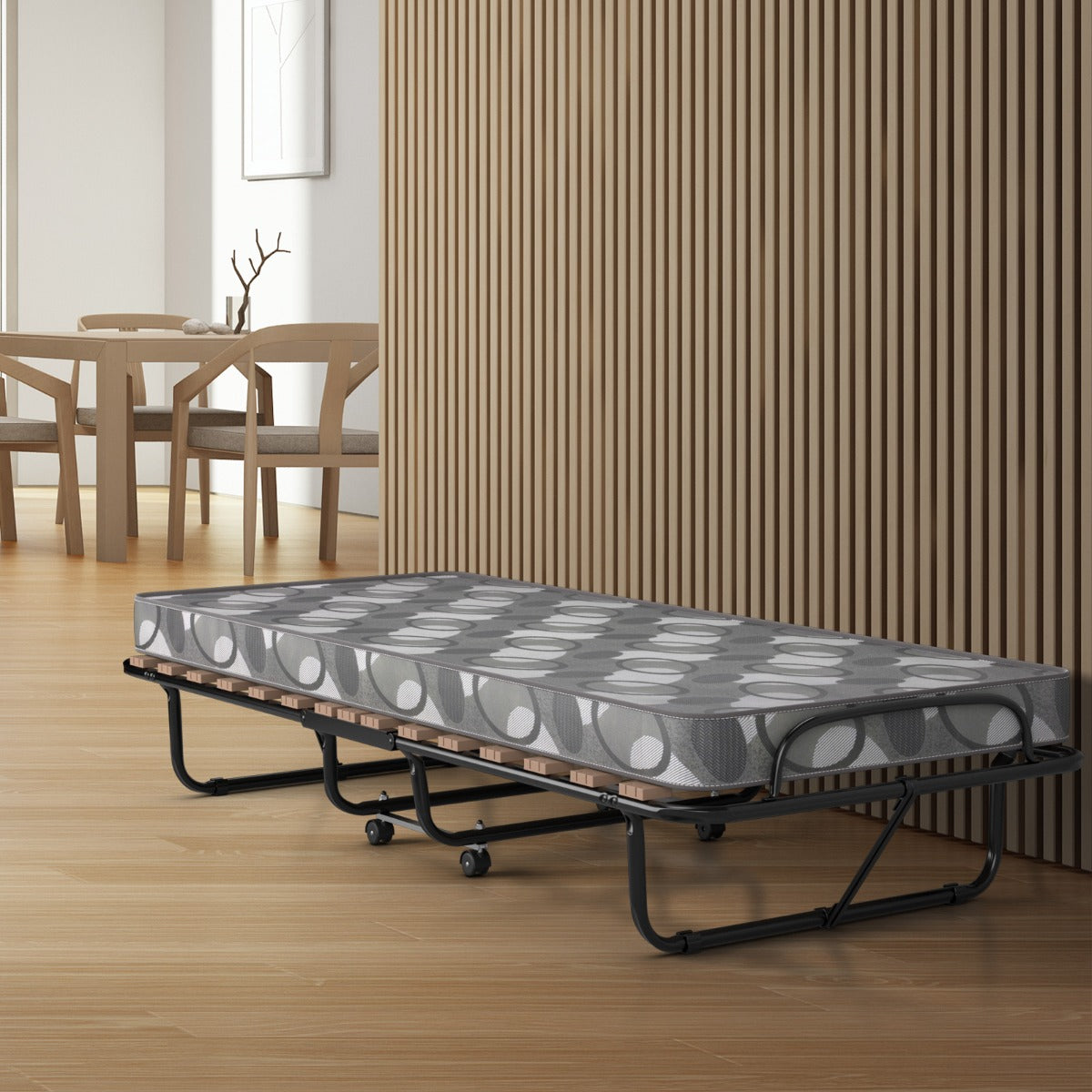 Fällsäng – med madrass Bärbar och rullbar gästsäng tillverkad i Italien Ursprungsland: – 190 x 80 x 33 cm – Grå