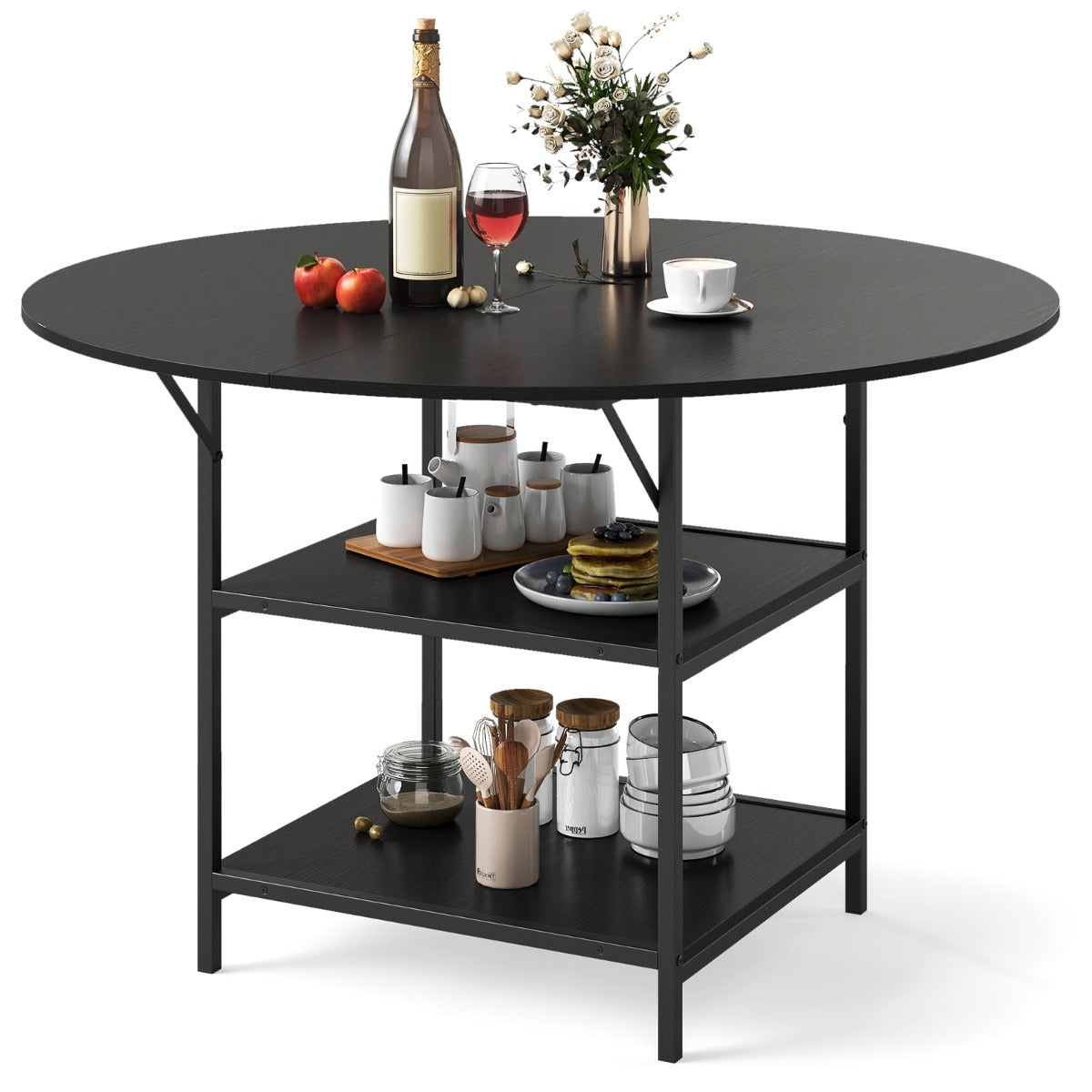 Runt – Matbord för upp till Person med lager Förvaringsfack och Metallställ Köksbord – 4 6 2 120 cm – Svart