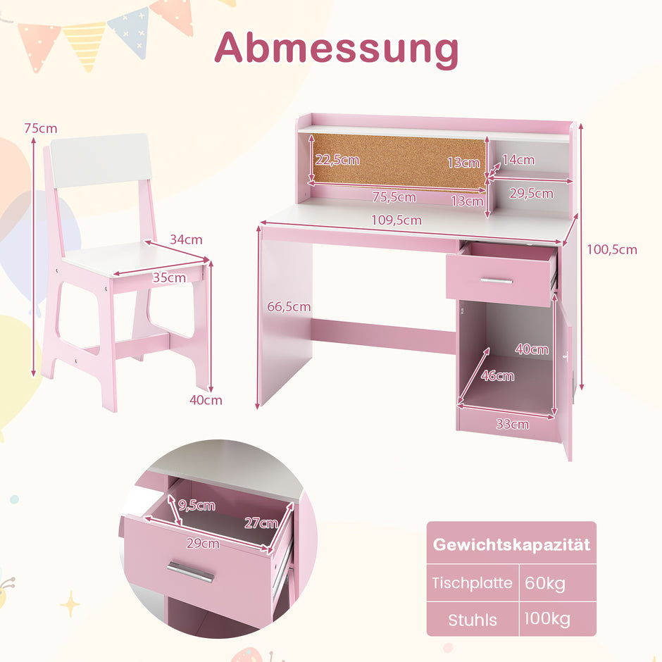 Barnskrivbord – och Stol Set Trä med Hyllor Låda – Rosa
