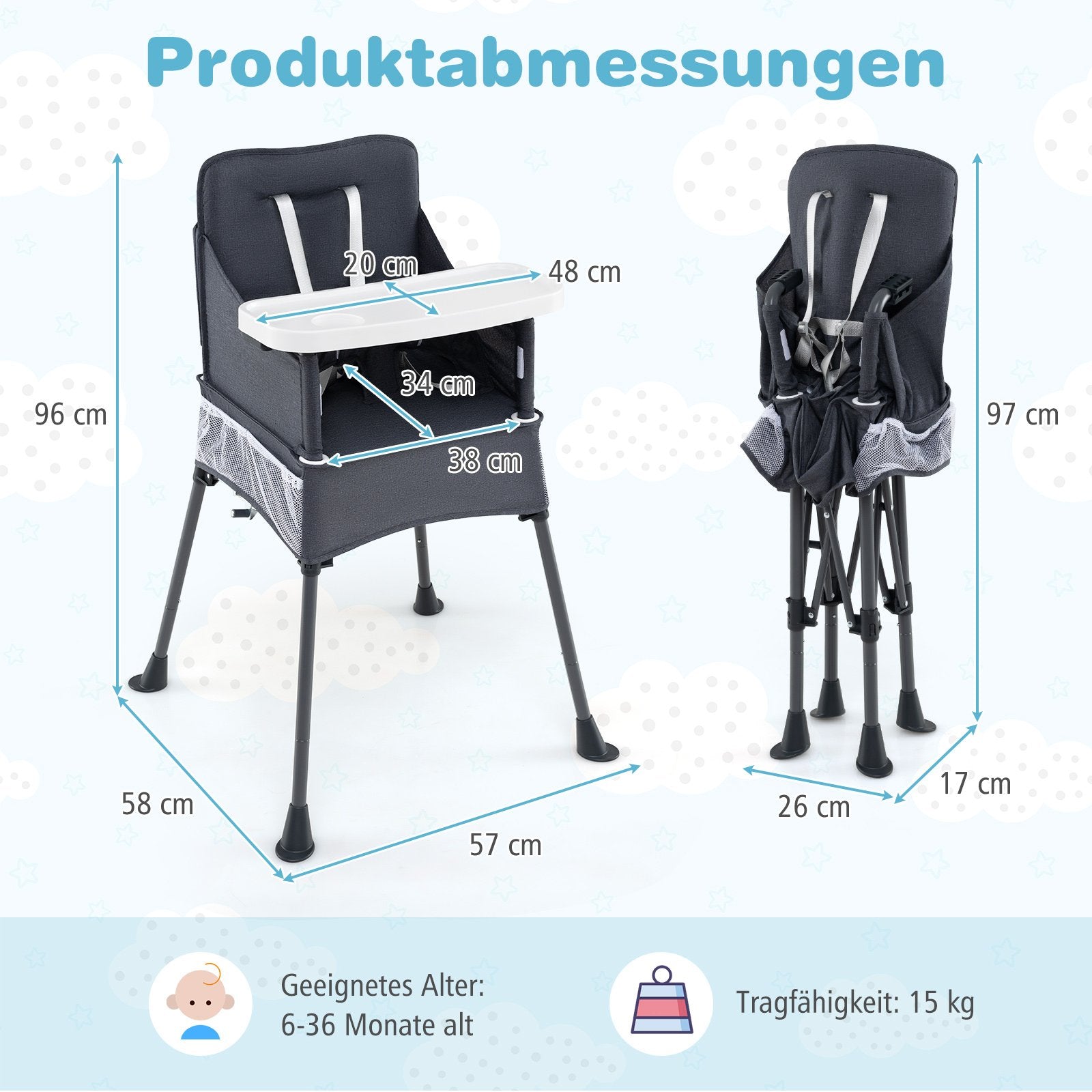 Baby – Fällbar Högstol med Justerbart Bricka och Bärväska Barnstol – Grå