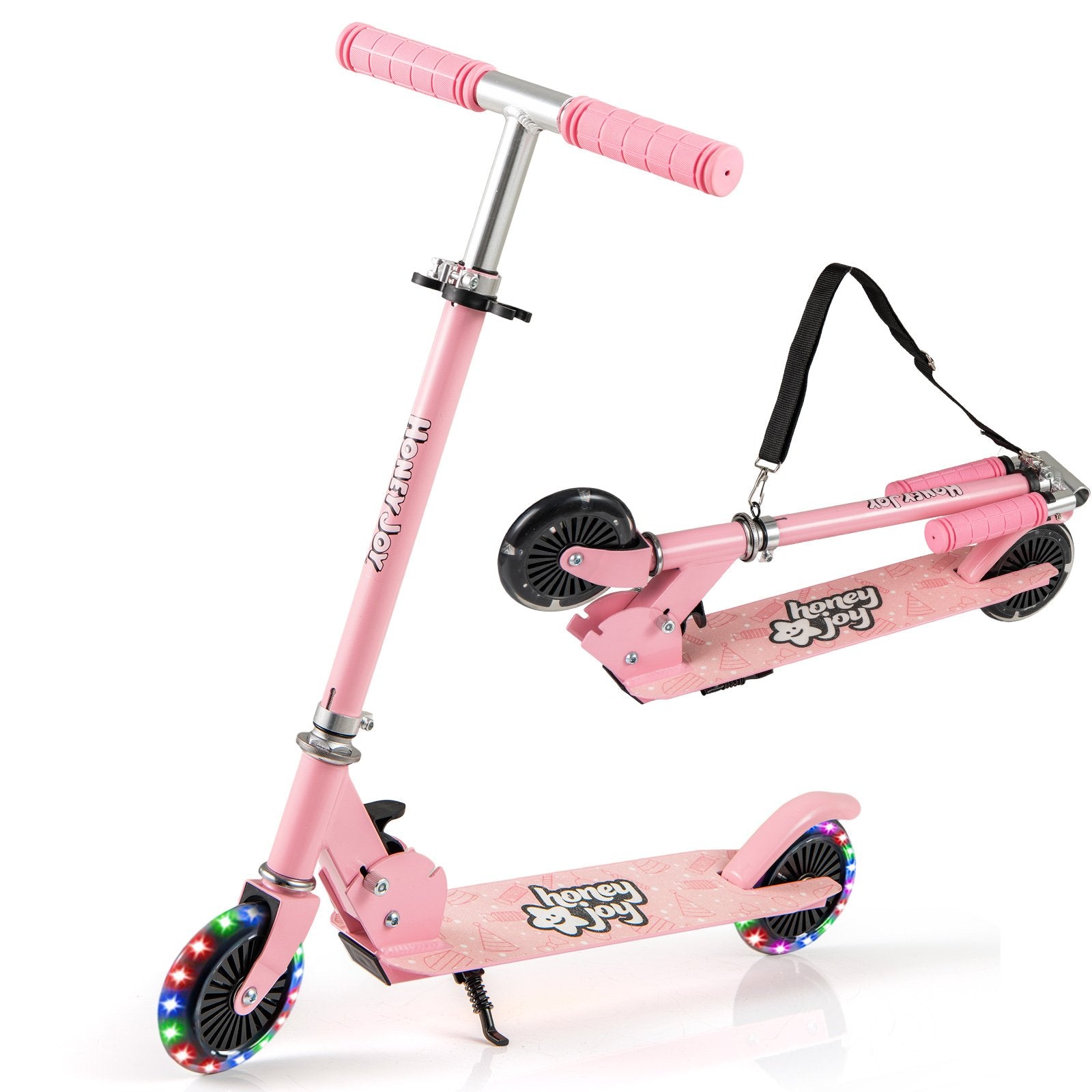 Hopfällbar – barnrullskridsko med LED hjul, styre, ställ och bärrem, – . – Rosa
