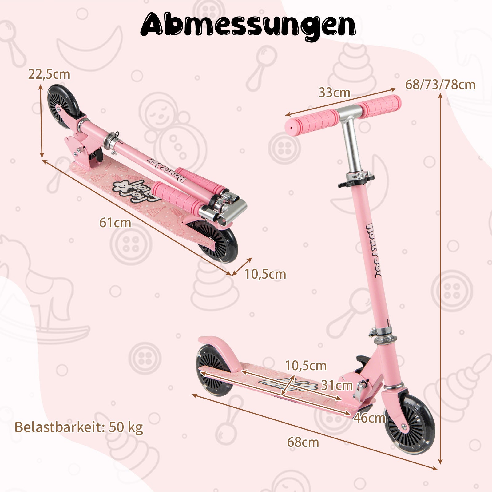 Hopfällbar – barnrullskridsko med LED hjul, styre, ställ och bärrem, – . – Rosa