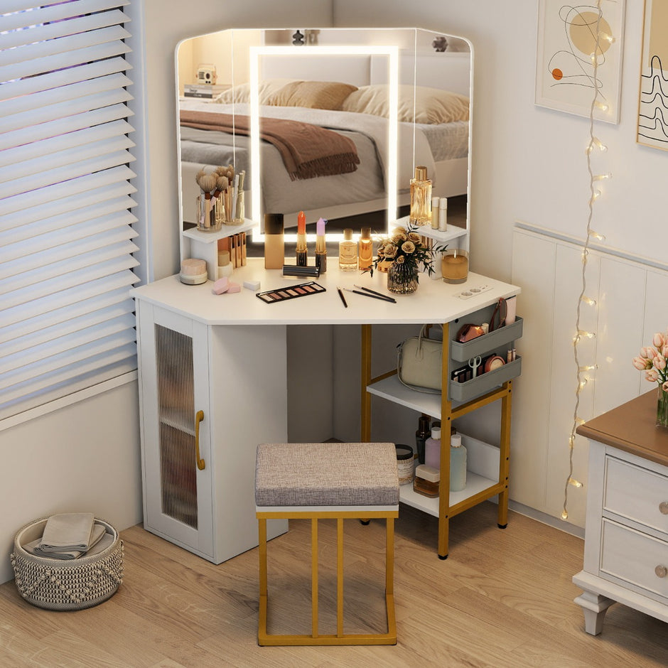 Hörn – Sminkbord med Pall och LED Belysning Laddningsstation Frisörbord Skönhetsbord – Vit