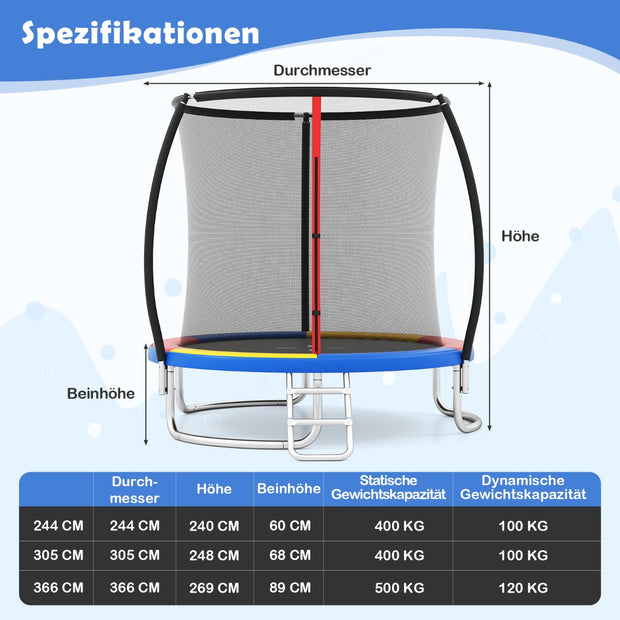 Utomhustrampolin – med stege, runt trädgårdstrampolin säkerhetsnät, kantöverdrag och metallram – Ø 305 cm – Färgglad