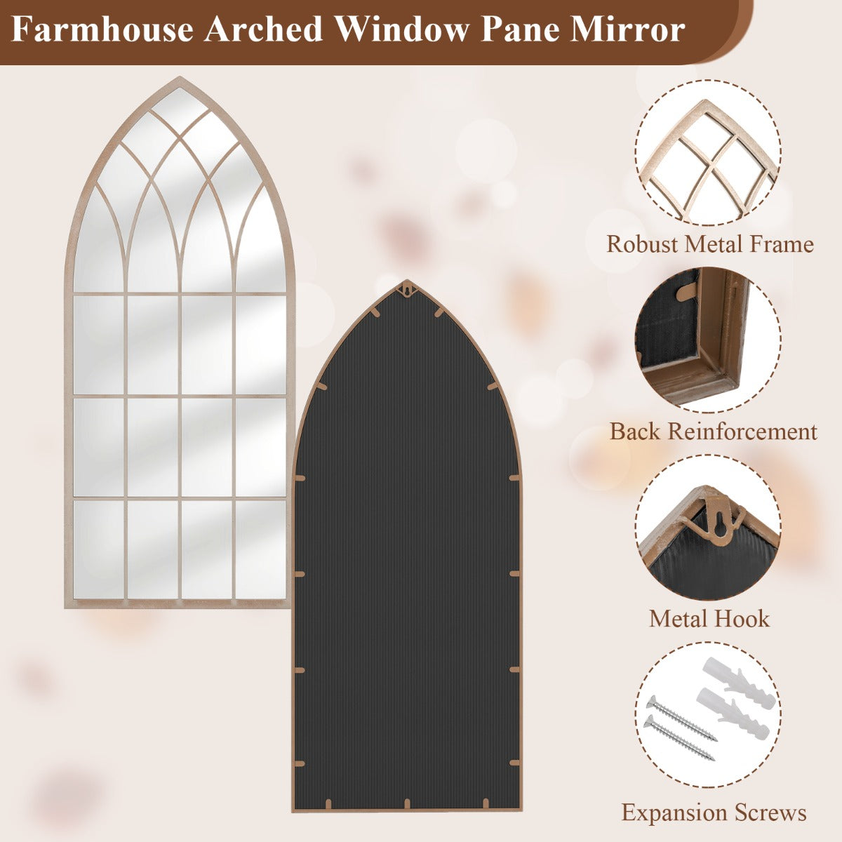 Farmhouse – fönsterramspegel böjd väggspegel med metallram – 115 x 50 x 2 cm – Grå