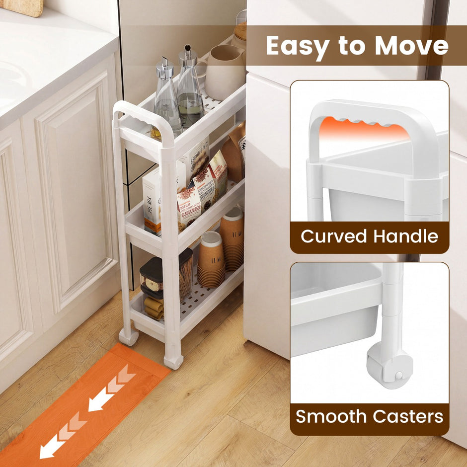 nivåer – Smal köksvagn på hjul med handtag nischhylla badrumsvagn Vitt – 3 – Vit