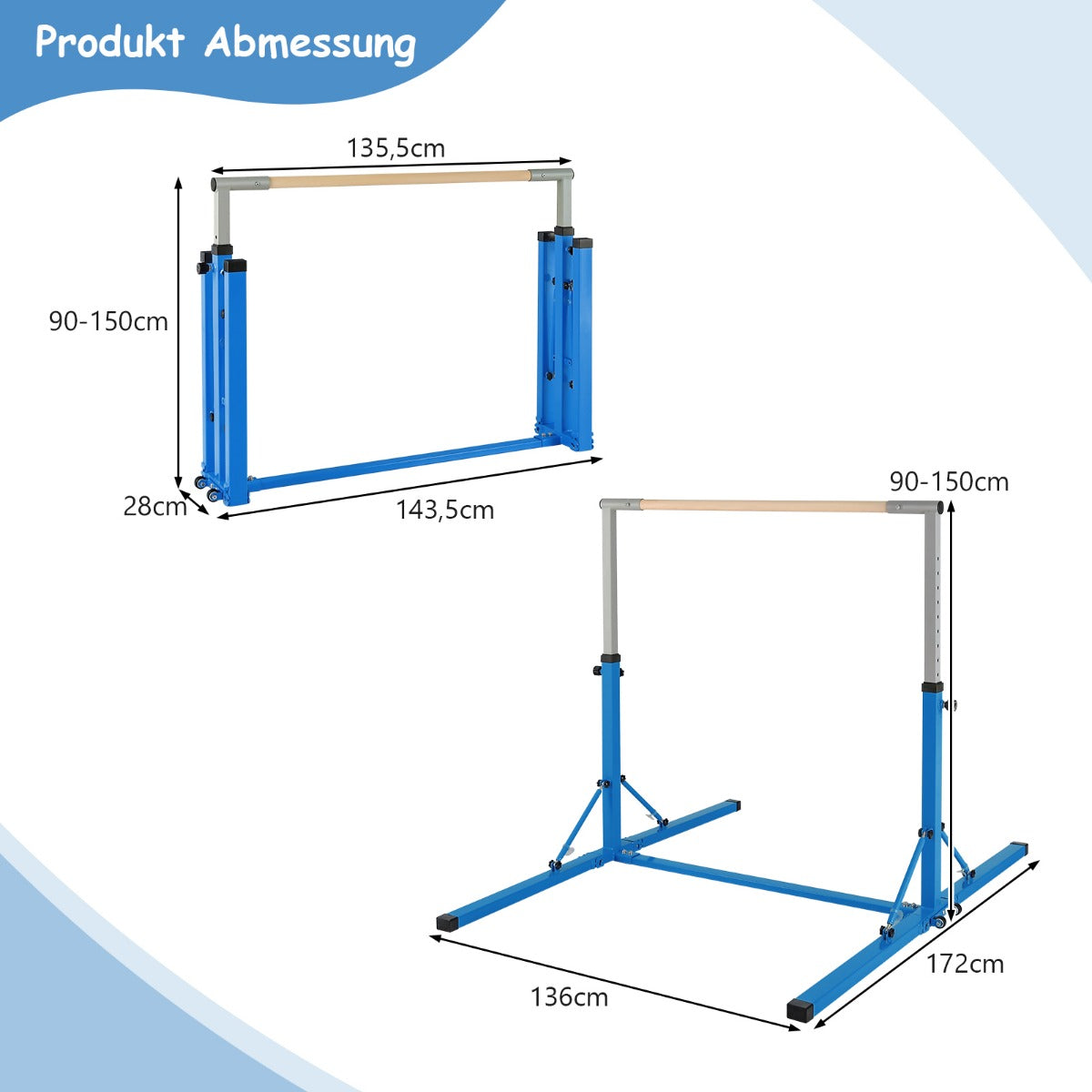 Vikbar – gymnastikstång för barn Vacklingsfri hemträningsutrustning (90-150) cm – 136 x 172 x – Blå
