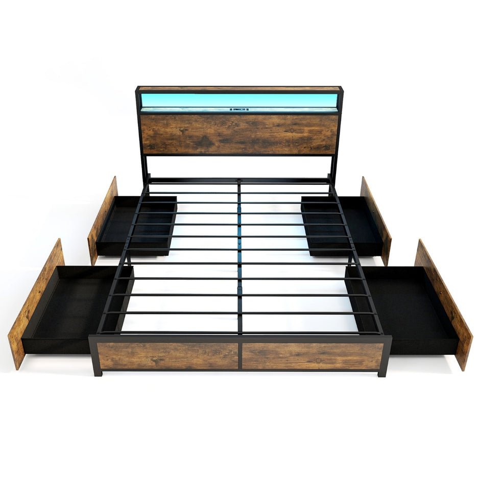 Säng – med LED belysning, laddstation och lådor, huvudgavel ribbotten – 4 200 x 160 cm – Rustik brun